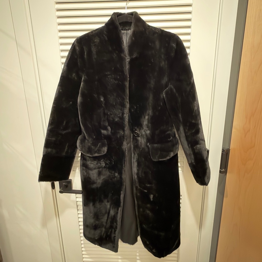 Zara Collarless slimline Faux Shearling/ Teddy coat - Black - Small